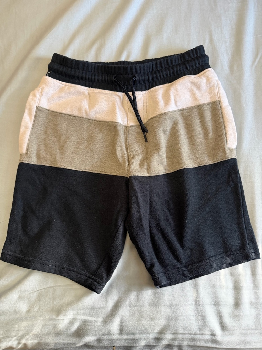 Colorblock Knit Shorts in Blue, gray, and white